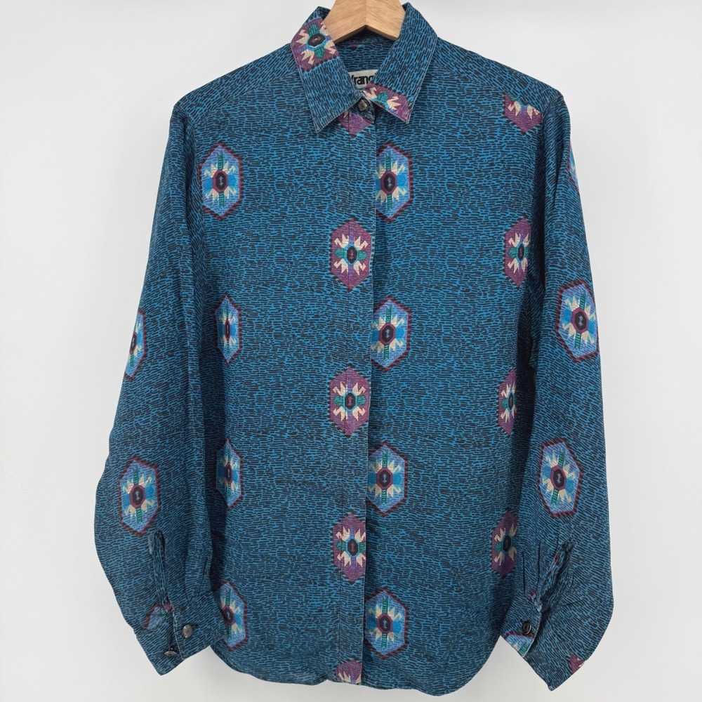 Vintage Wrangler Authentic Western Medium Teal Geometric Medallion Button Shirt - Picture 2 of 8